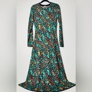 M Missoni Metallic Animal-Print Long Sleeve Knit Dress in Blue Leopard sz 42